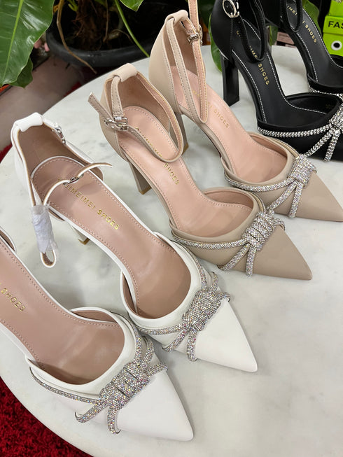 Rhinestone Embedded Pointy Ankle Strap Heels